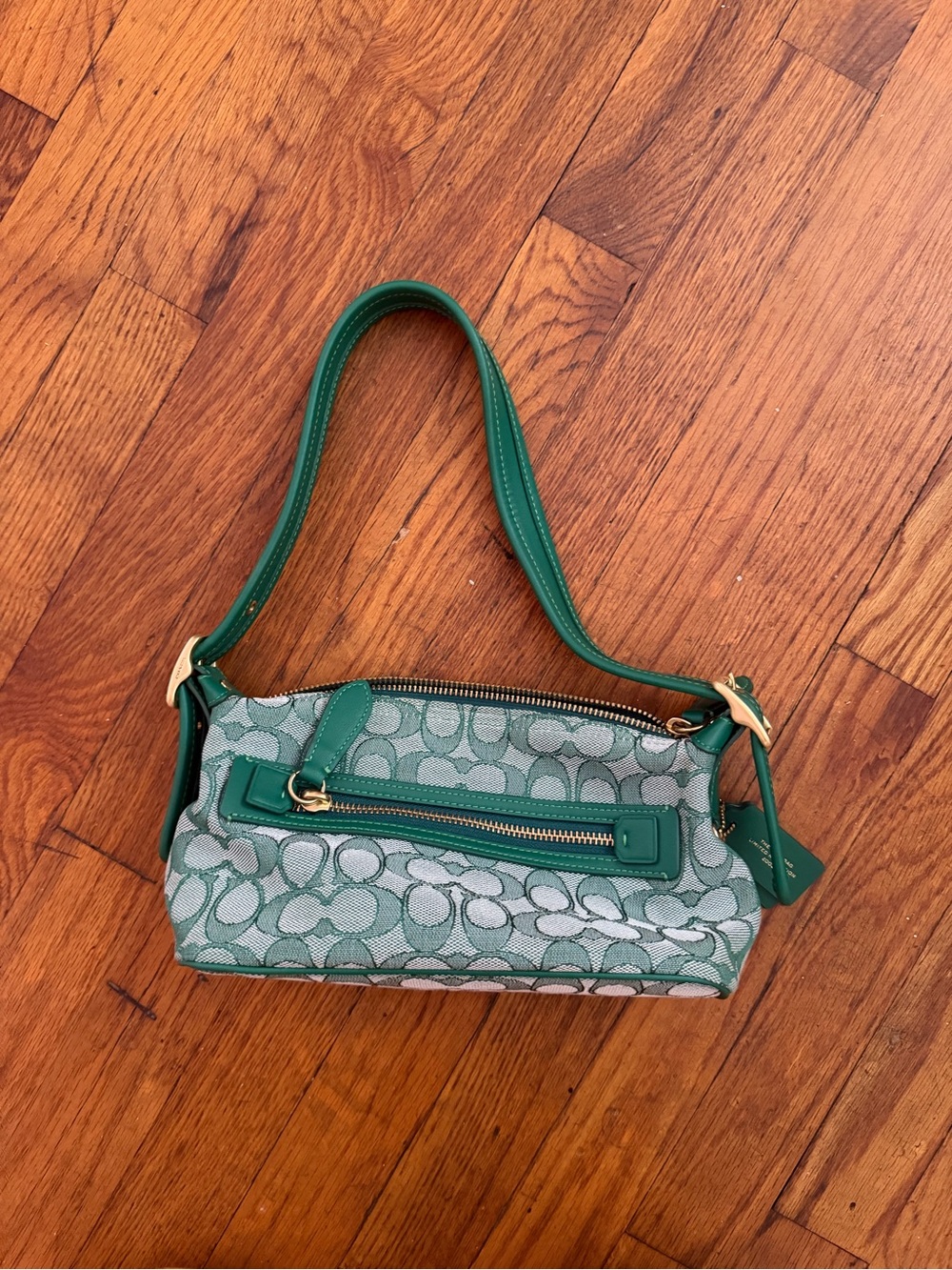 Coach Green Signature Jacquard Shoulder Bag with Leather Trim